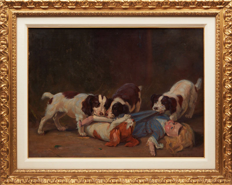 Frederick Stanley Haines, Untitled (Dogs Playing with a Doll), oil on masonite - view 2