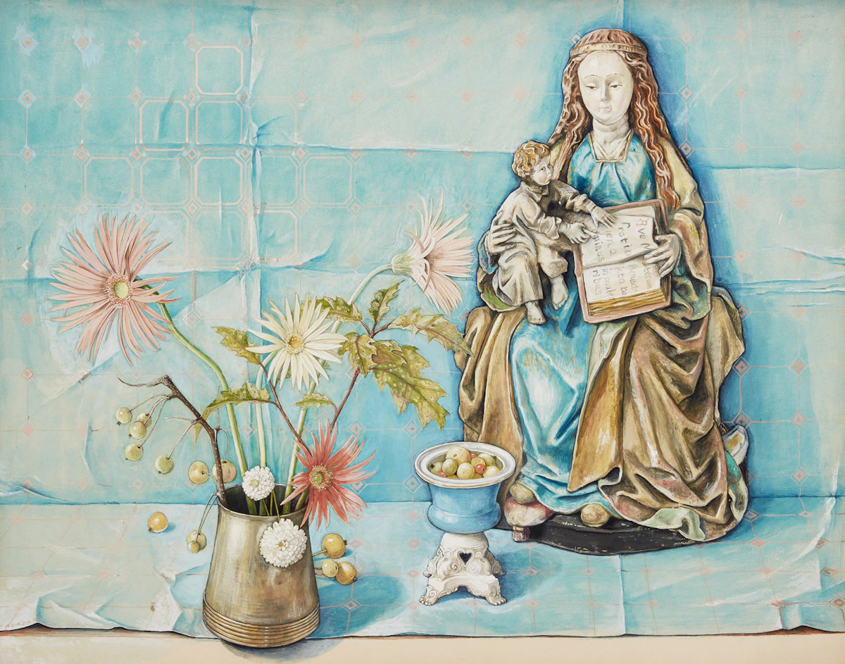 William Kurelek, Madonna and Child with Flowers, gouache on paper on board, circa 1956