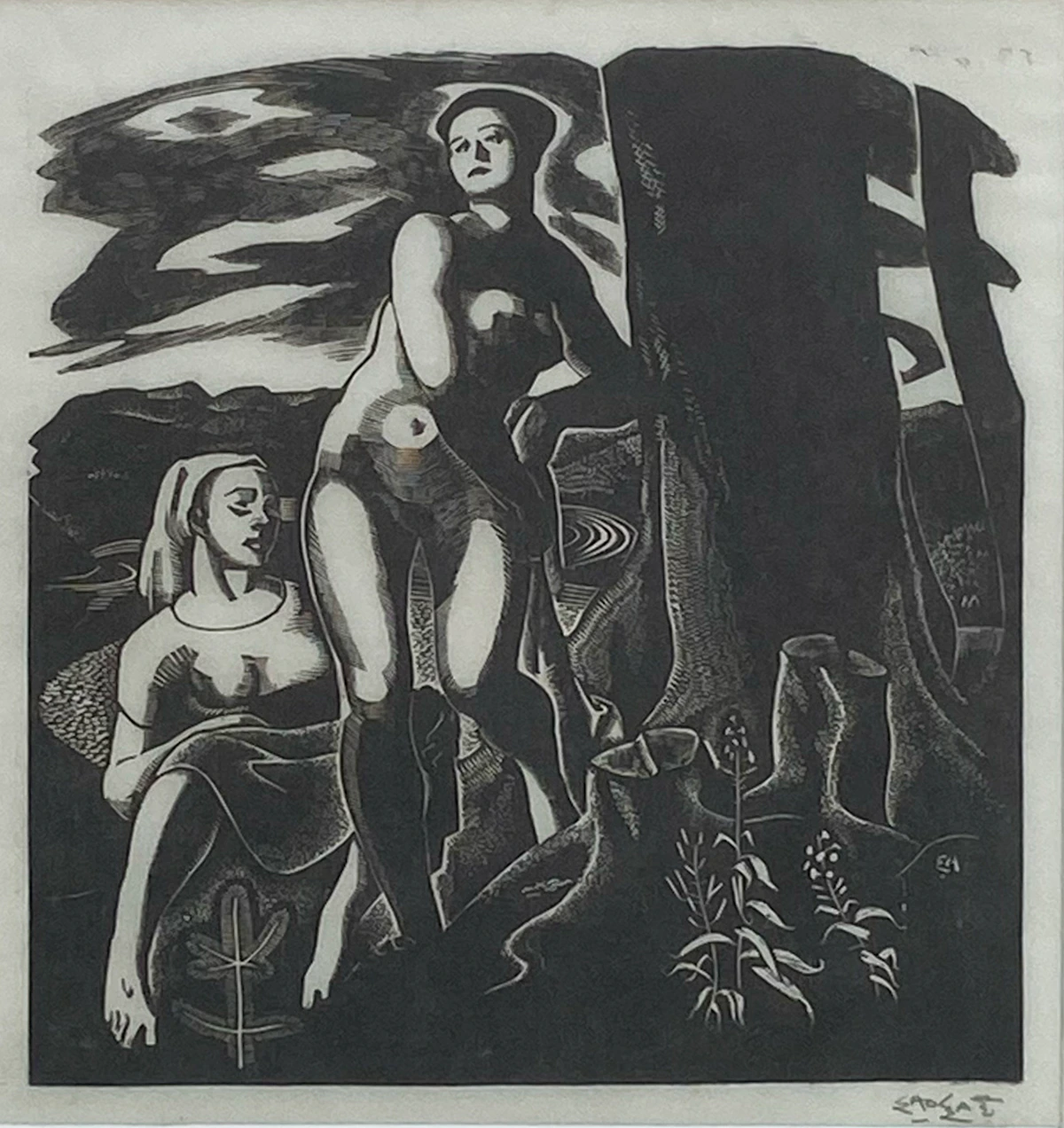 Edwin Headley Holgate, Bathers, woodcut
