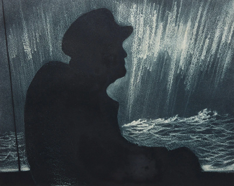 David Lloyd Blackwood, Captain Wes Kean on the Bridge of the S.S. Newfoundland, etching and aquatint in colours