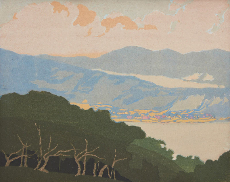 Mary Evelyn Wrinch, Breaking Clouds; The Jagged Cliffs of Scarboro; Village by the St. Lawrence, three woodcuts in colours - view 7