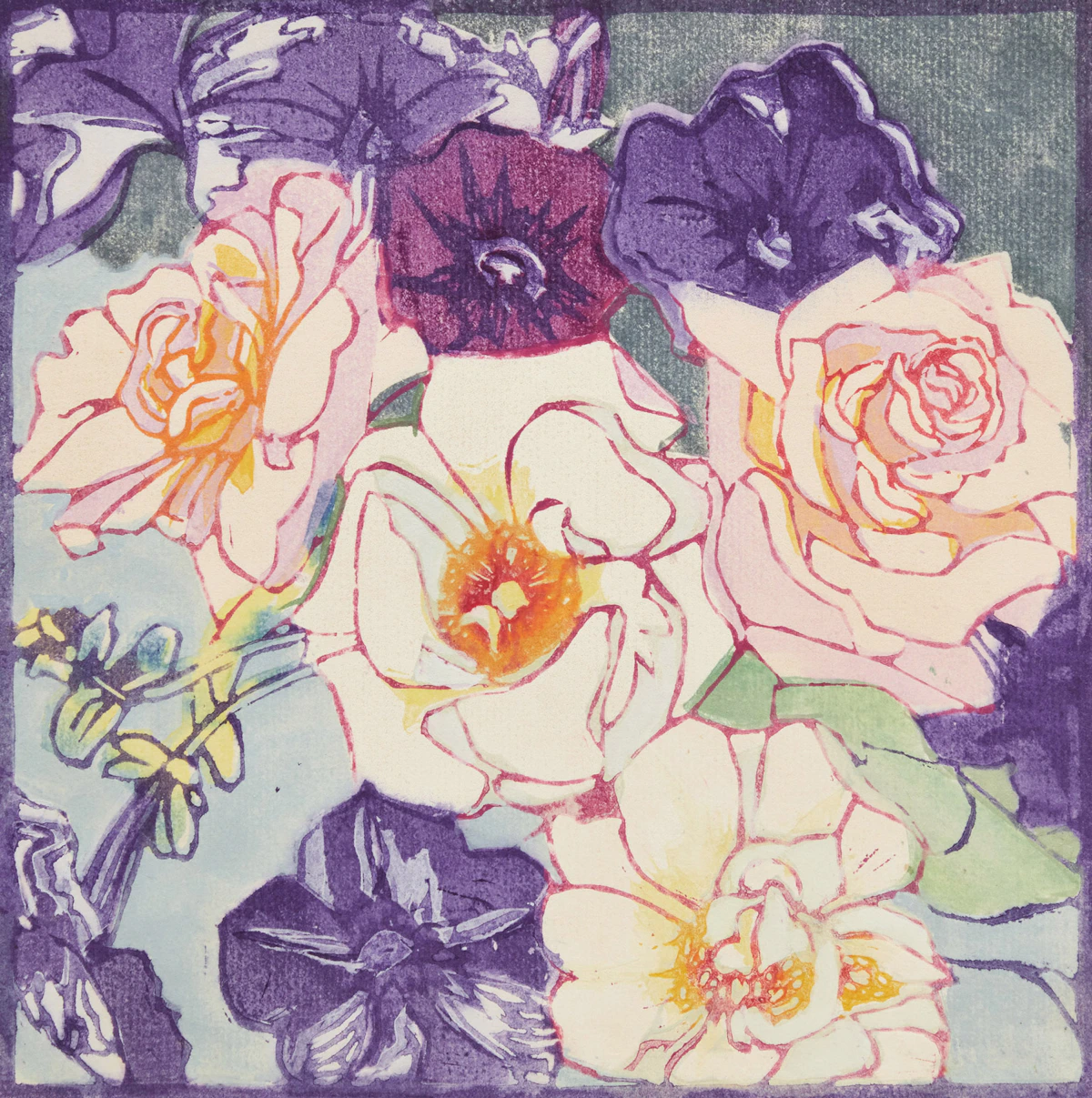 Mary Evelyn Wrinch, Roses and Petunias; Water Lilies; Snowdrops, three woodcuts in colours