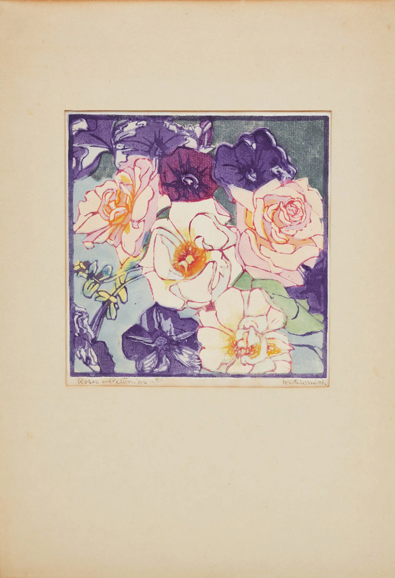 Mary Evelyn Wrinch, Roses and Petunias; Water Lilies; Snowdrops, three woodcuts in colours - view 2
