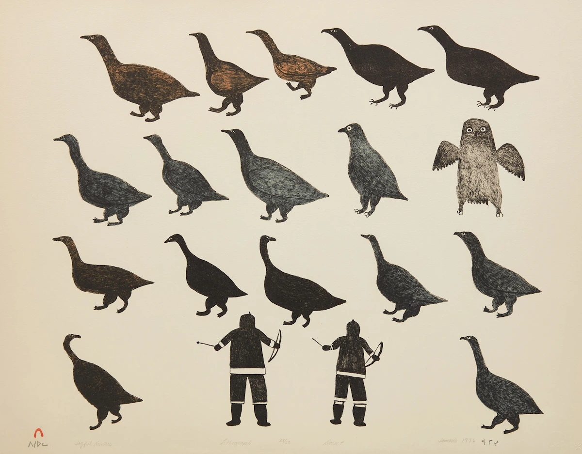 Jamasie Teevee, Joyful Hunters, lithograph, 1976