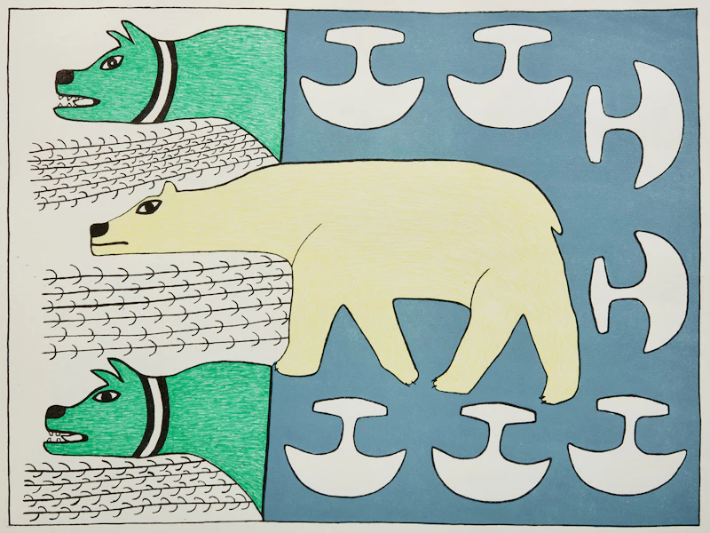 Ningeeuga Oshuitoq, Dogs and Bear, lithograph
