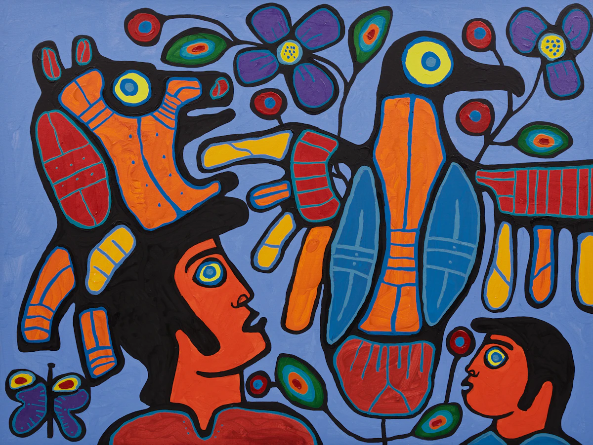 Norval Morrisseau, Shaman Preaching to All Things, four acrylic on canvas panels (a quadriptych), 1992