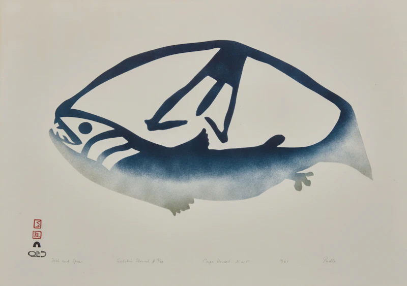 Pudlo Pudlat, Fish and Spear, skin stencil
