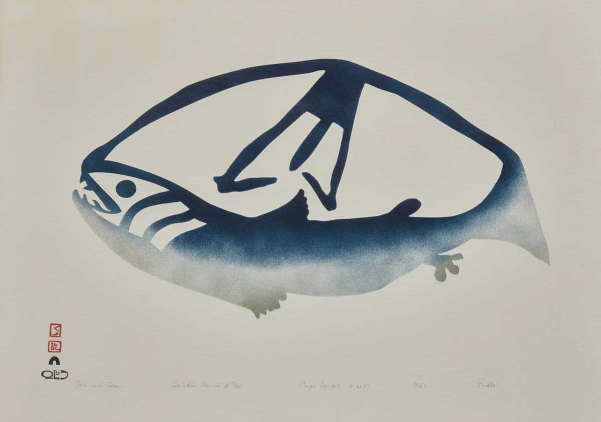 Pudlo Pudlat, Fish and Spear, skin stencil, 1961
