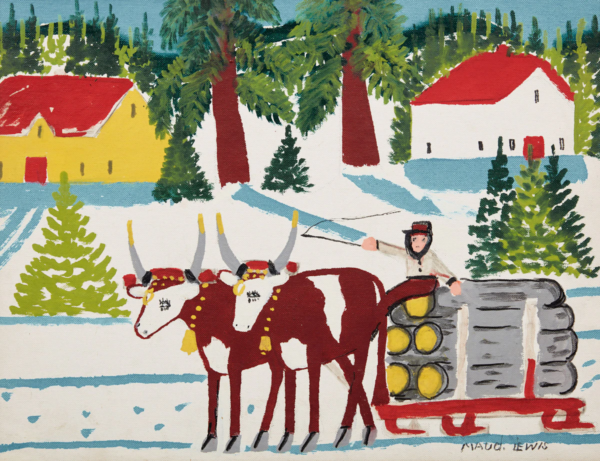 Maud Lewis, Oxen Hauling Logs, mixed media on canvas board