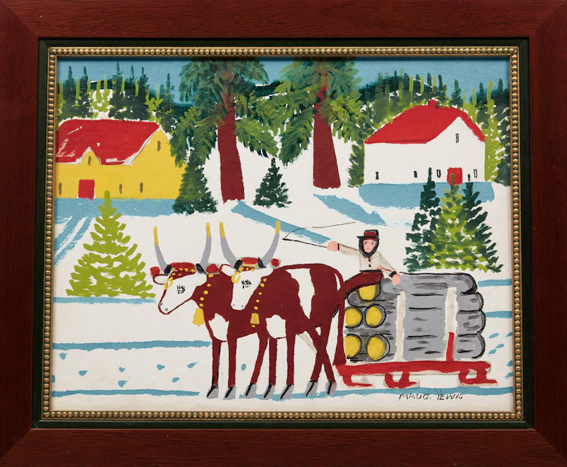 Maud Lewis, Oxen Hauling Logs, mixed media on canvas board - view 2
