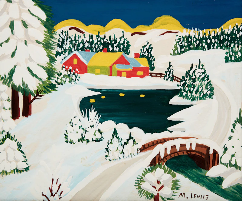 Maud Lewis, Village in Winter (Stone Bridge in Winter), mixed media on board