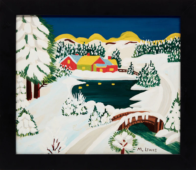 Maud Lewis, Village in Winter (Stone Bridge in Winter), mixed media on board, 1960-1961 - view 2