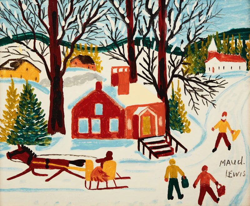 Maud Lewis, Schoolhouse in Winter, mixed media on board