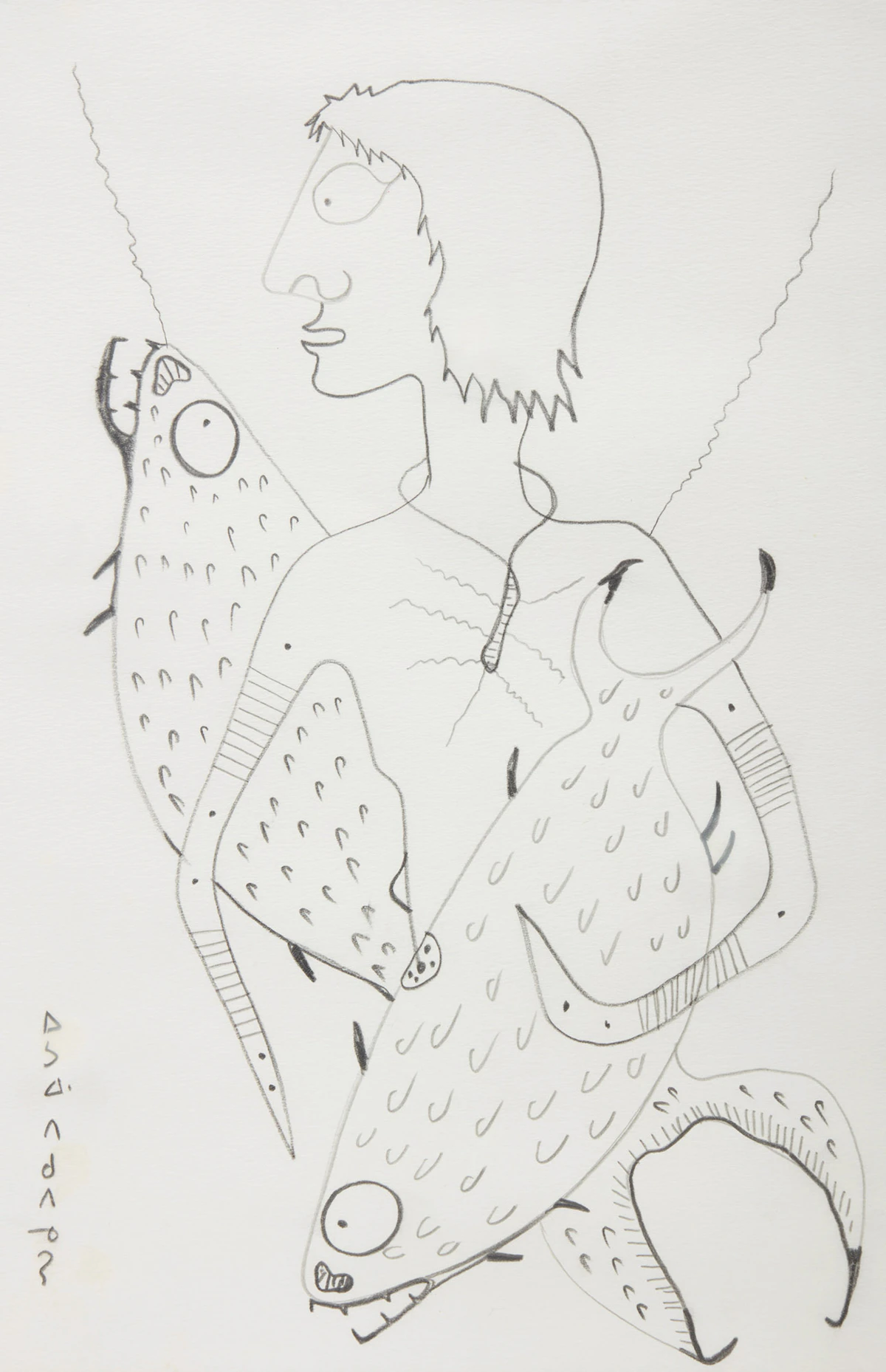 Norval Morrisseau, Untitled (Man with Fish), graphite on paper