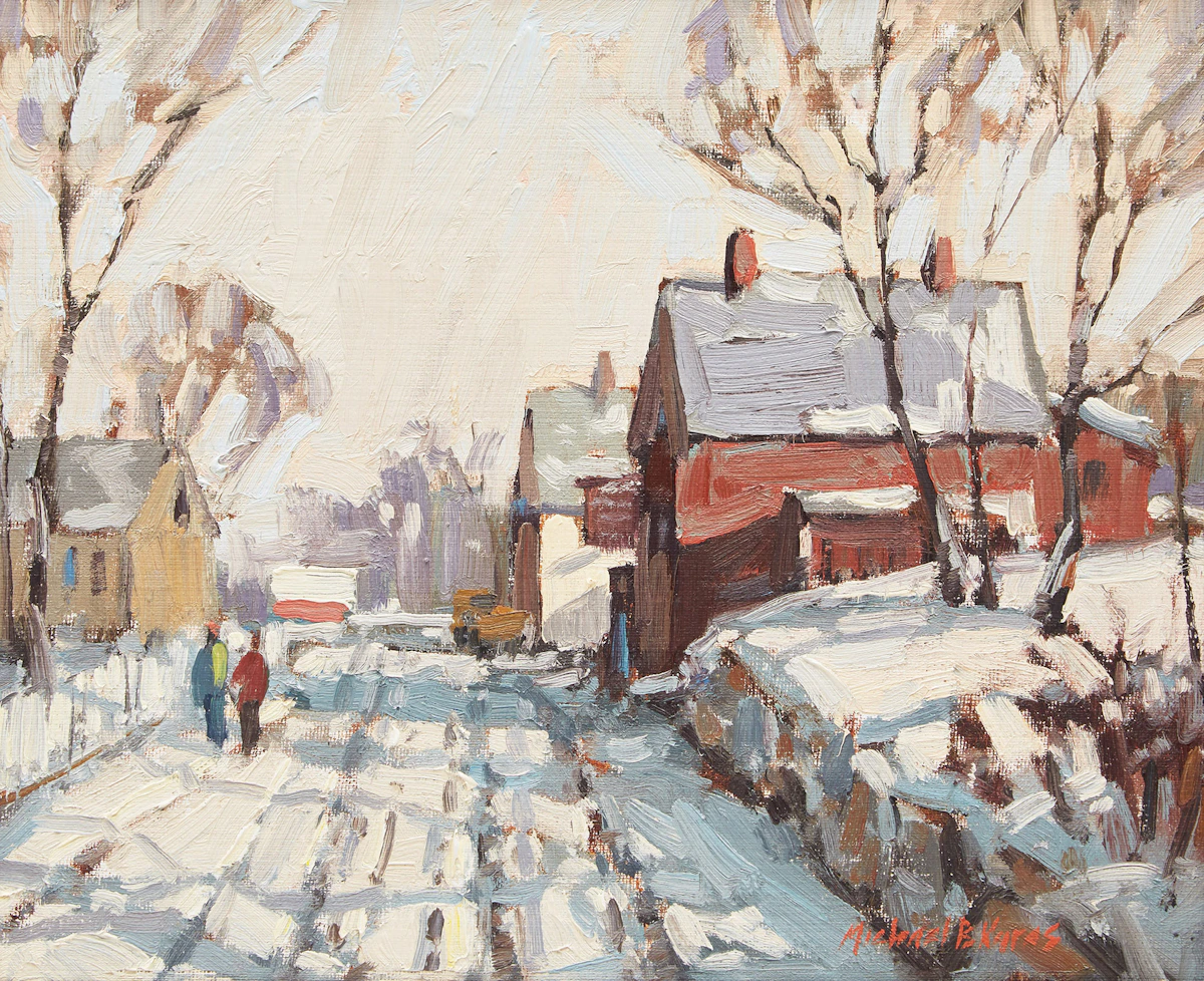 Michael B. Karas, Winter Street Scene, oil on canvas board