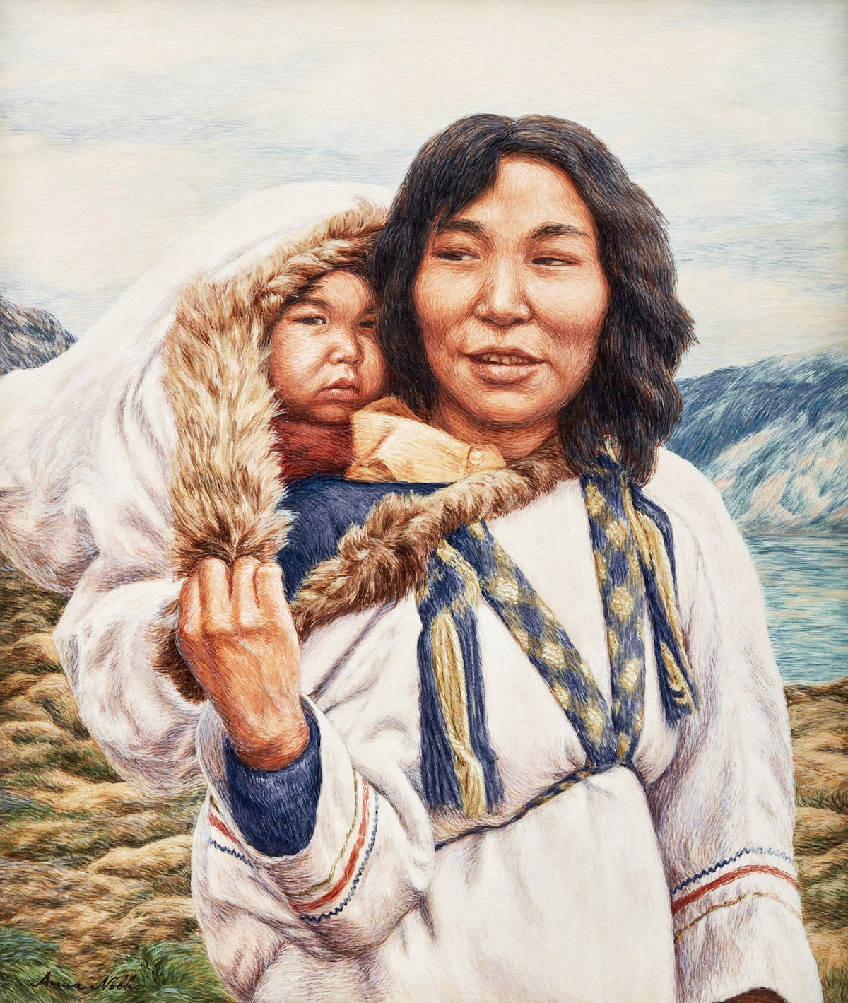 Anna Noeh, Untitled (Mother and Child); Women in Pond Inlet, two oil paintings, 1980