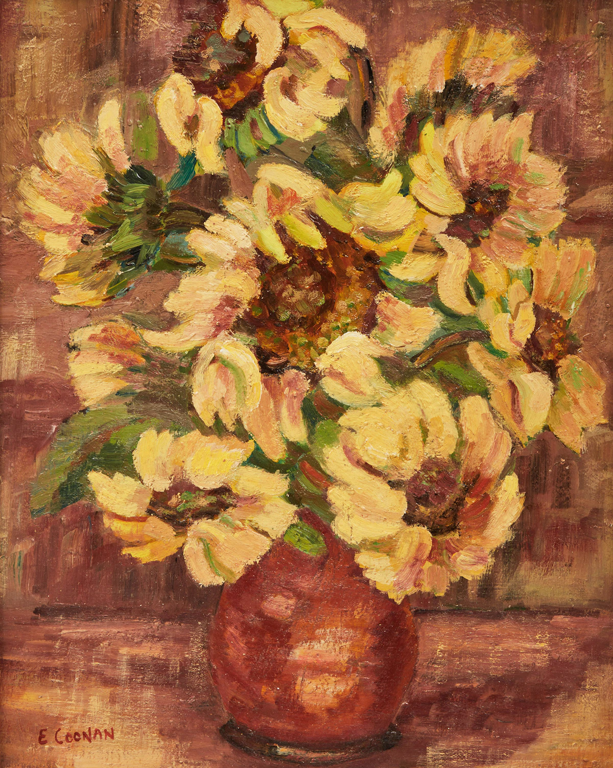 Emily Coonan, Sunflowers, oil on board