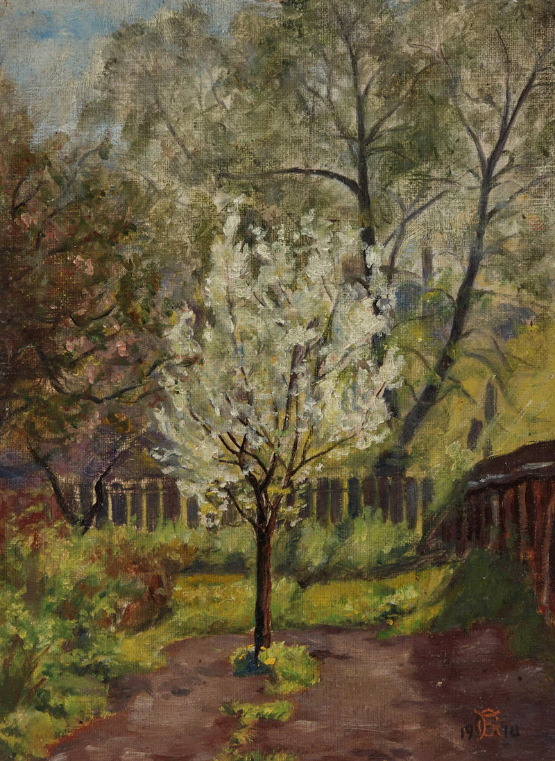 Frances Mildred Geddes, Trees Beside a Fence , oil on canvas board