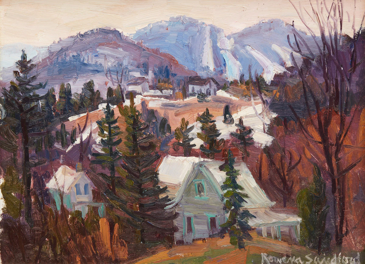 Rowena Sandford, Laurentian Hills; Looking out from Sommet bleu, two oils on board, 1979