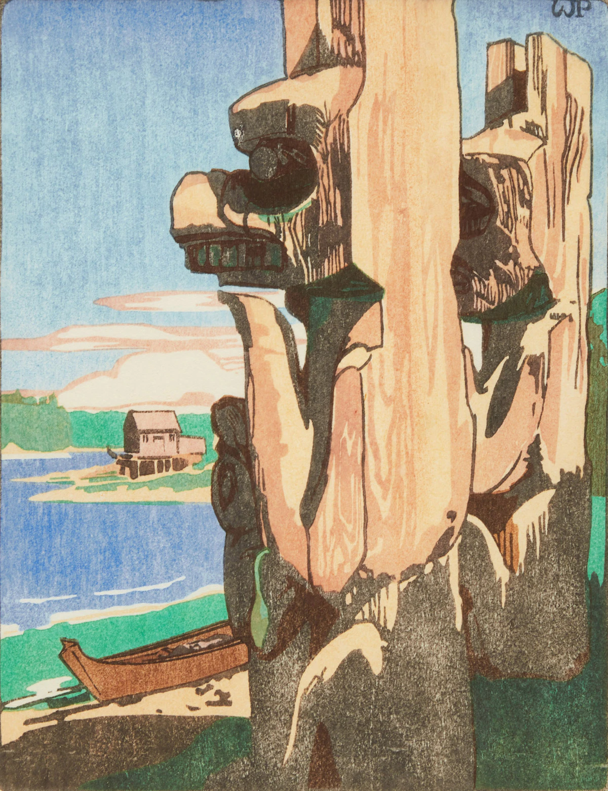 Walter Joseph Phillips, Siwash House Posts, Tsatsisnukomi, BC, colour woodcut, 1928