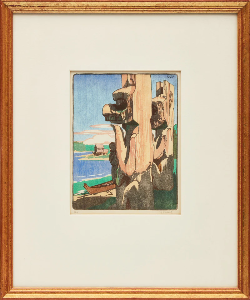 Walter Joseph Phillips, Siwash House Posts, Tsatsisnukomi, BC, colour woodcut, 1928 - view 2