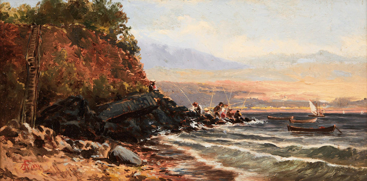 John Arthur Fraser, Fishermen, Gaspé, oil on board, 1881