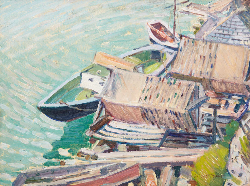 Peter Clapham Sheppard, Docked Boats, oil on board
