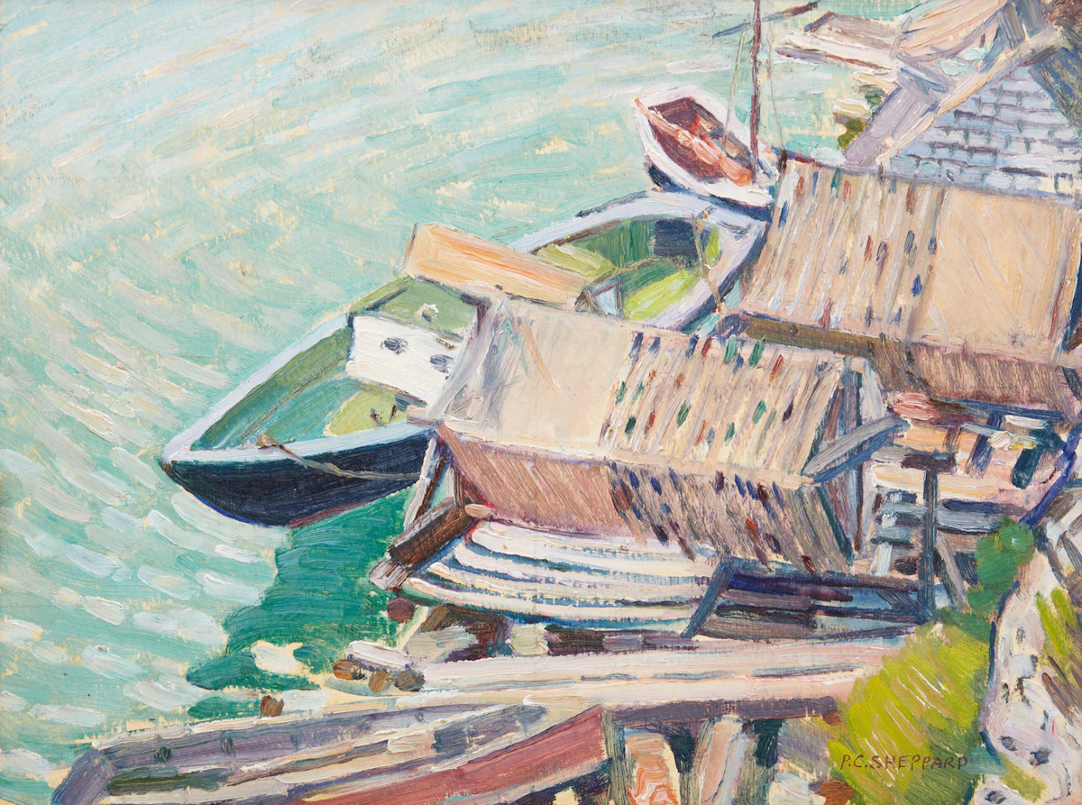 Peter Clapham Sheppard, Docked Boats, oil on board