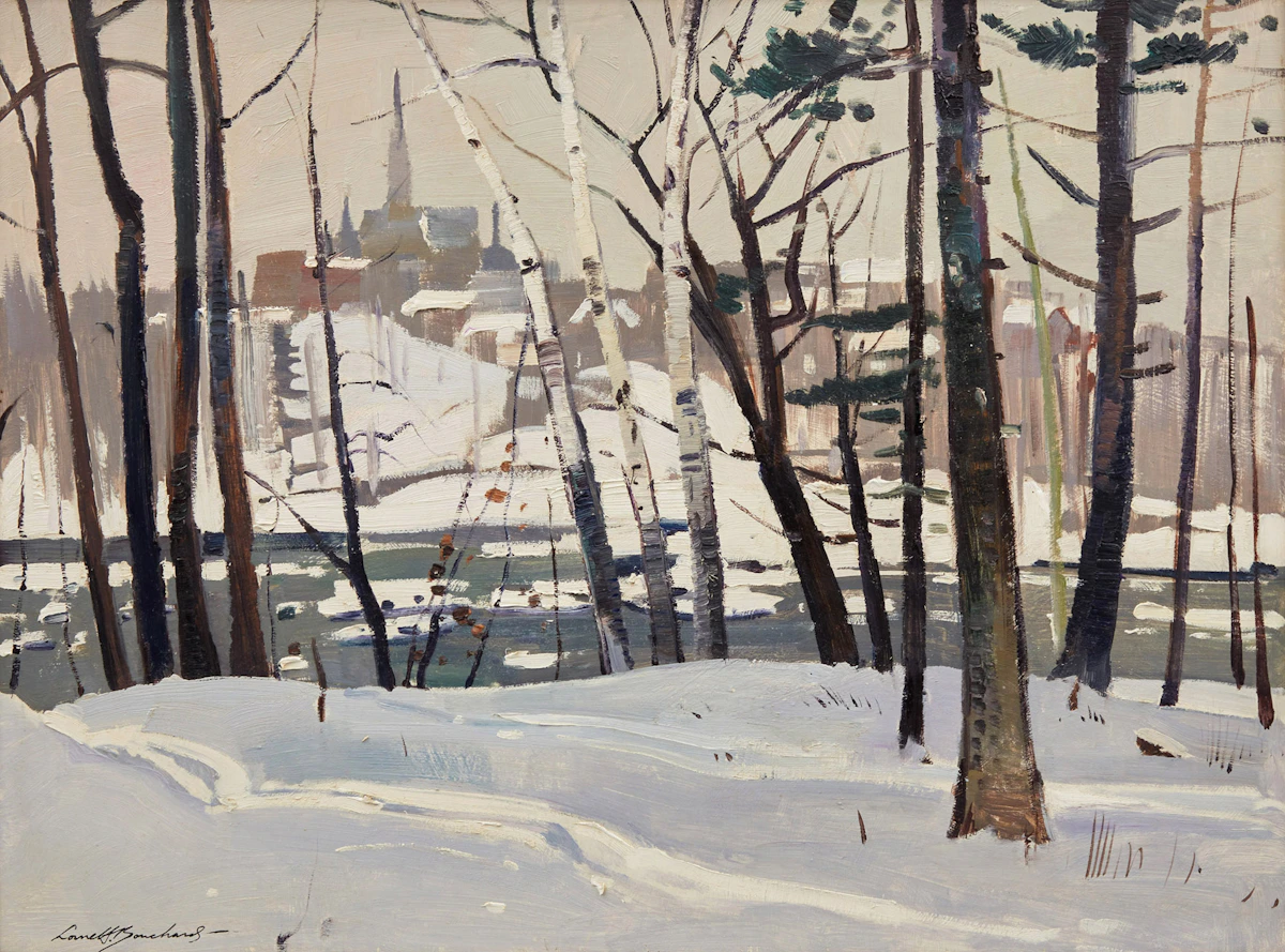 George Lorne Holland Bouchard, Looking Across to Drummondville, P.Q. (Eastern Townships), oil on board