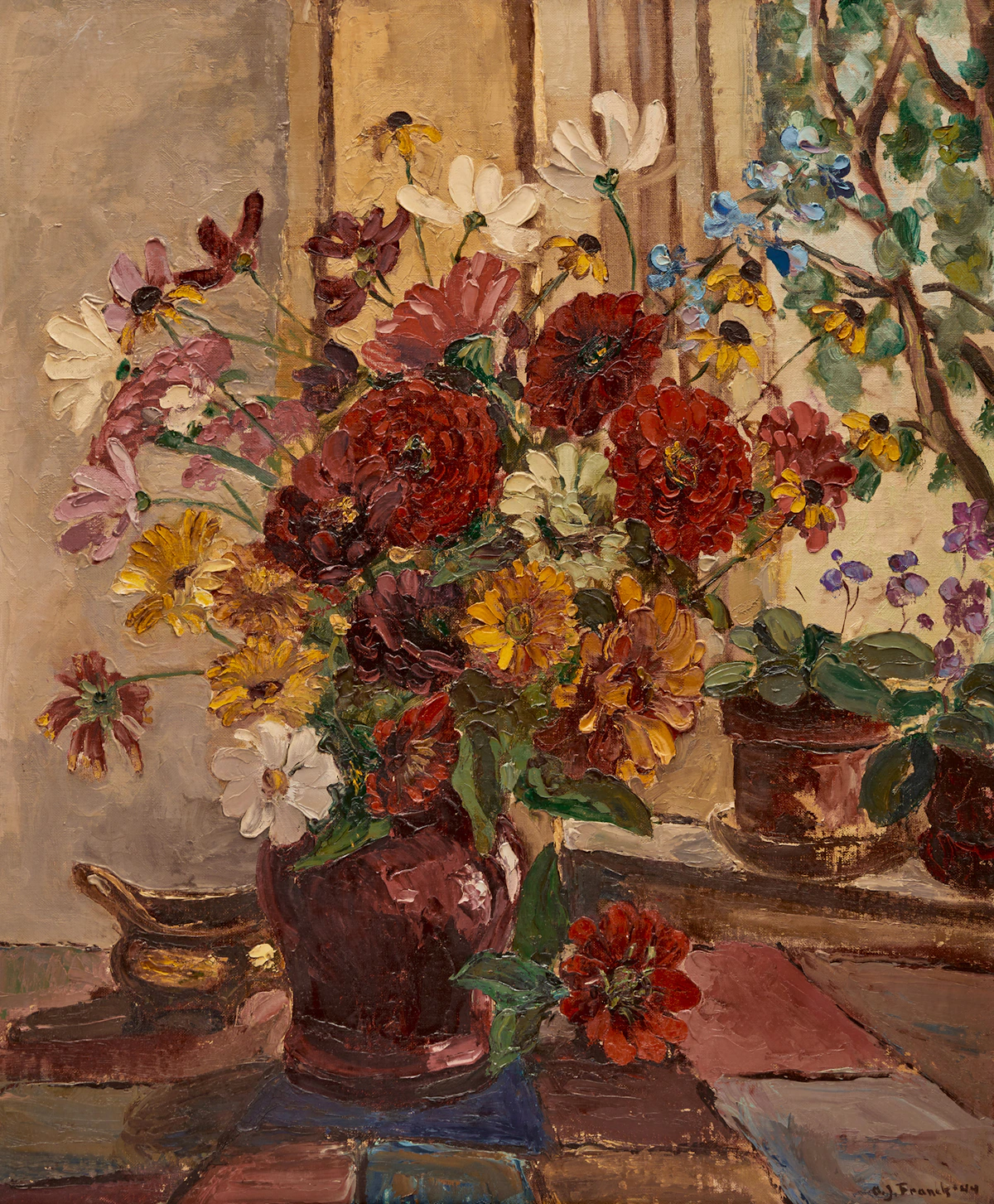 Albert Jacques Franck, Zinnias, oil on canvasboard, 1944