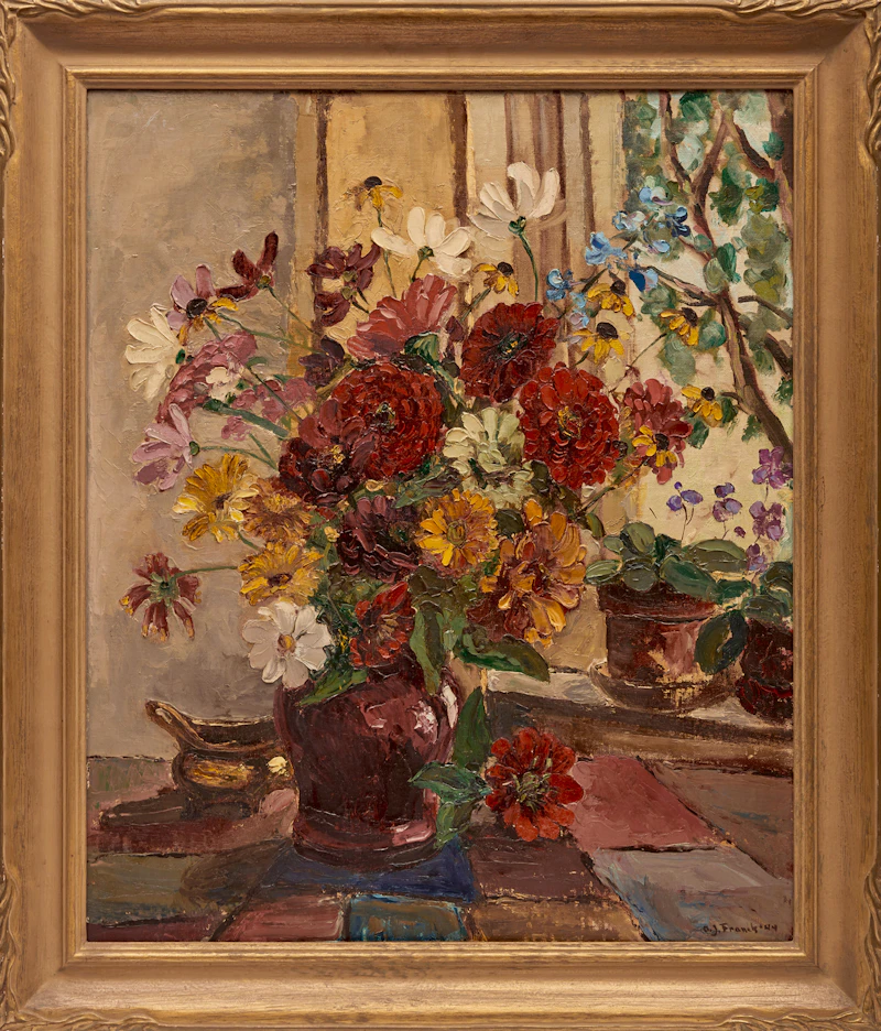 Albert Jacques Franck, Zinnias, oil on canvasboard, 1944 - view 2