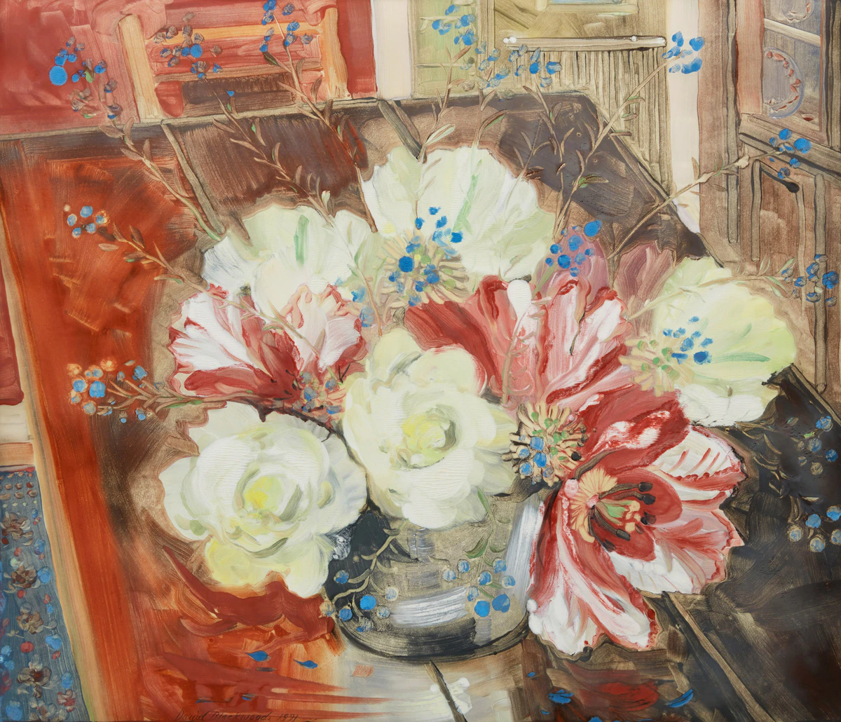 David Lloyd Blackwood, Peonies & Mysotosis, monotype on rice paper, 1991