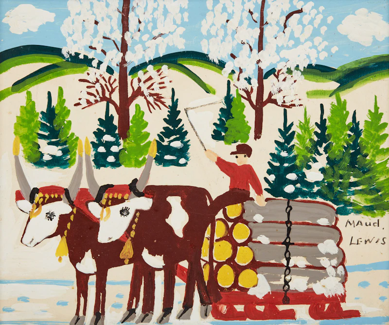Oxen Pulling Logs, Winter by Maud Lewis