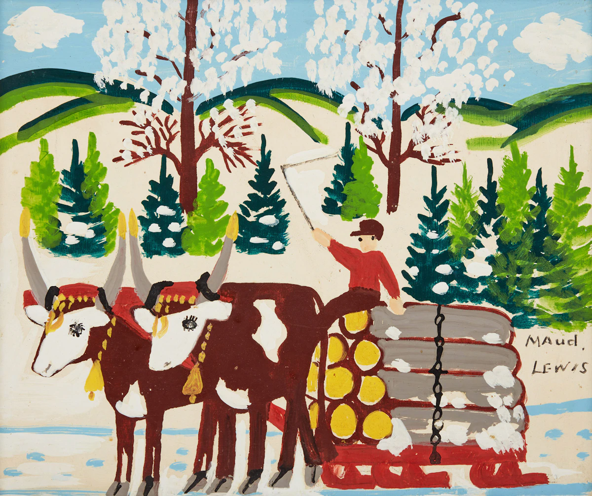 Maud Lewis, Oxen Pulling Logs, Winter, mixed media on board, 1967
