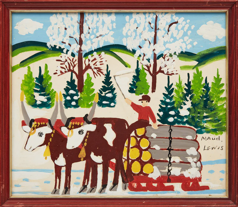 Maud Lewis, Oxen Pulling Logs, Winter, mixed media on board, 1967 - view 2