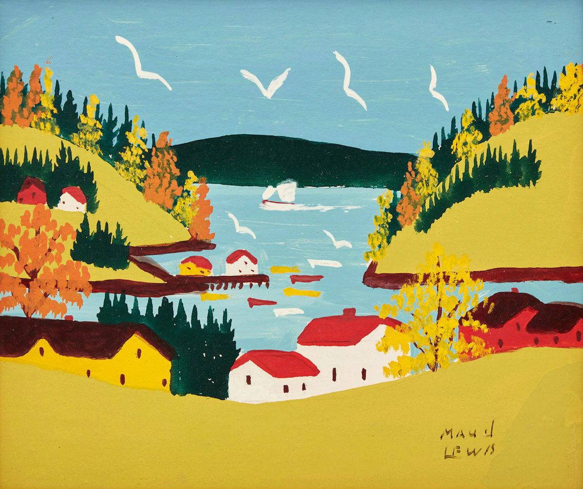 Maud Lewis, Boats in the Harbour, Sandy Cove, mixed media on board, circa 1967-1968