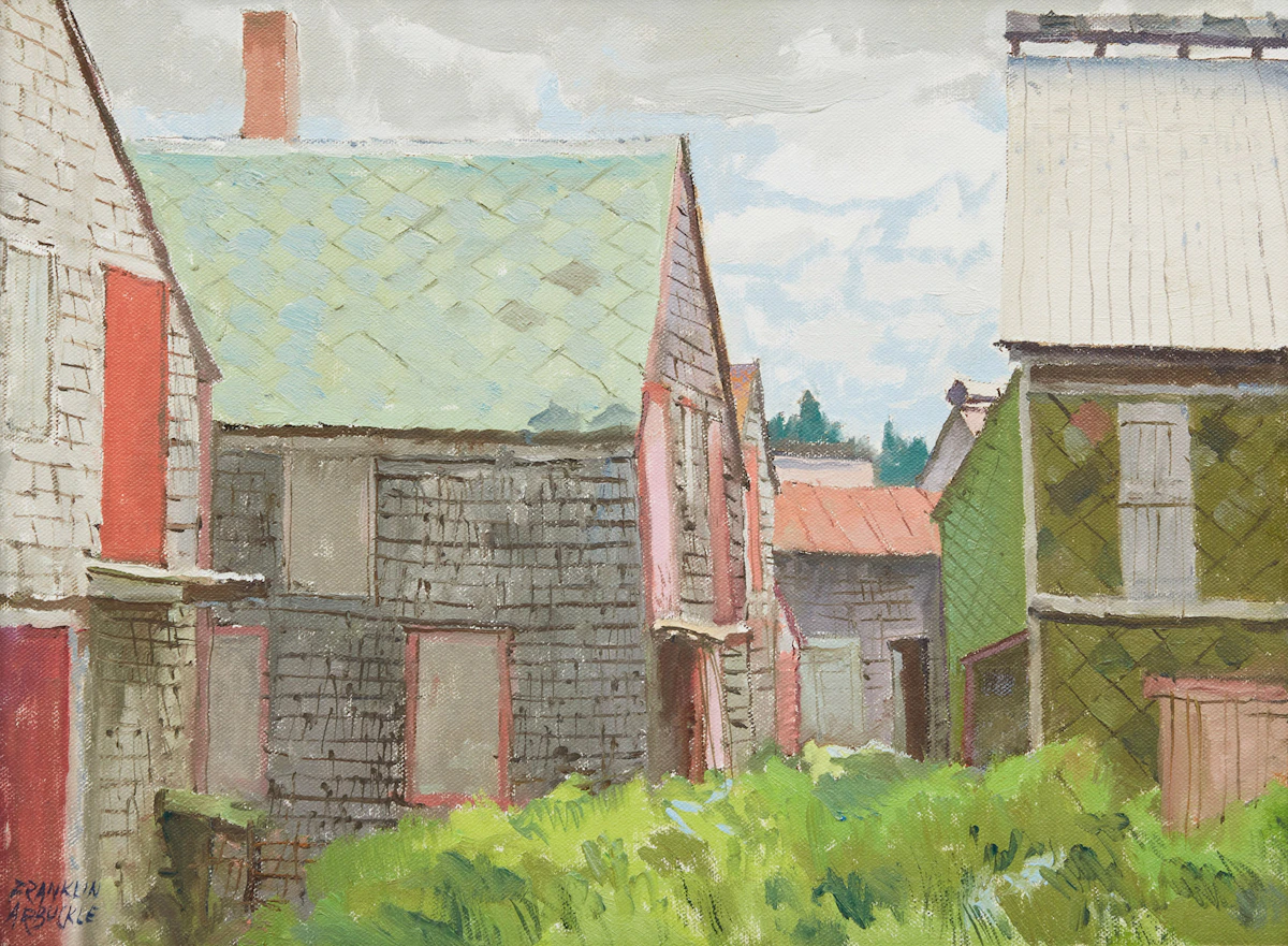 George Franklin Arbuckle, Deserted Fish Drying Houses, Sea Cove, Grand Manan, NB, oil on board, 1983
