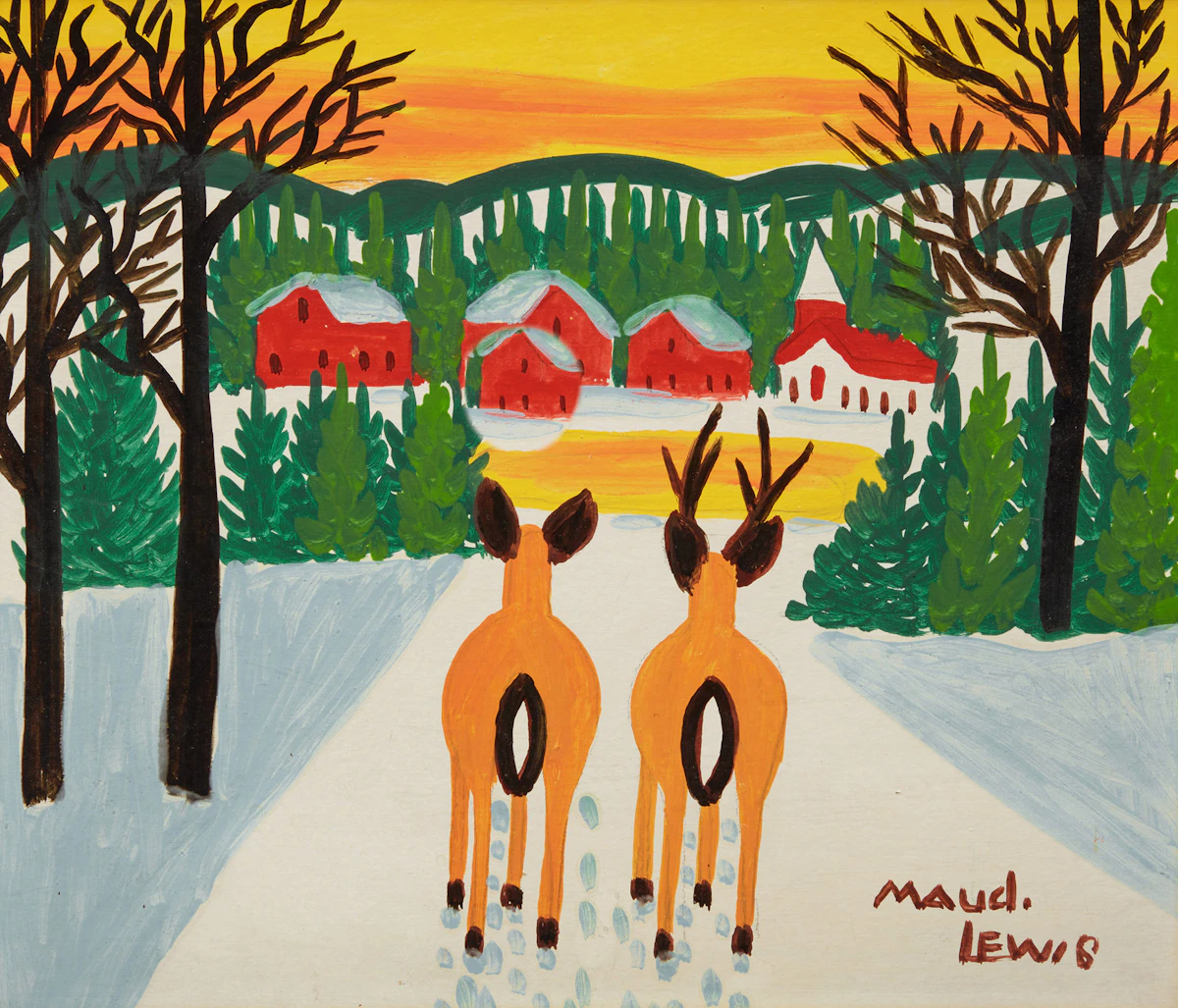 Maud Lewis, Deer Overlooking Village, oil on panel