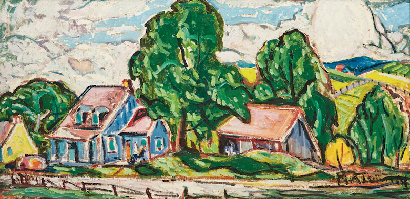 Marc-Aurèle Fortin, Paysage avec maisons, oil on board