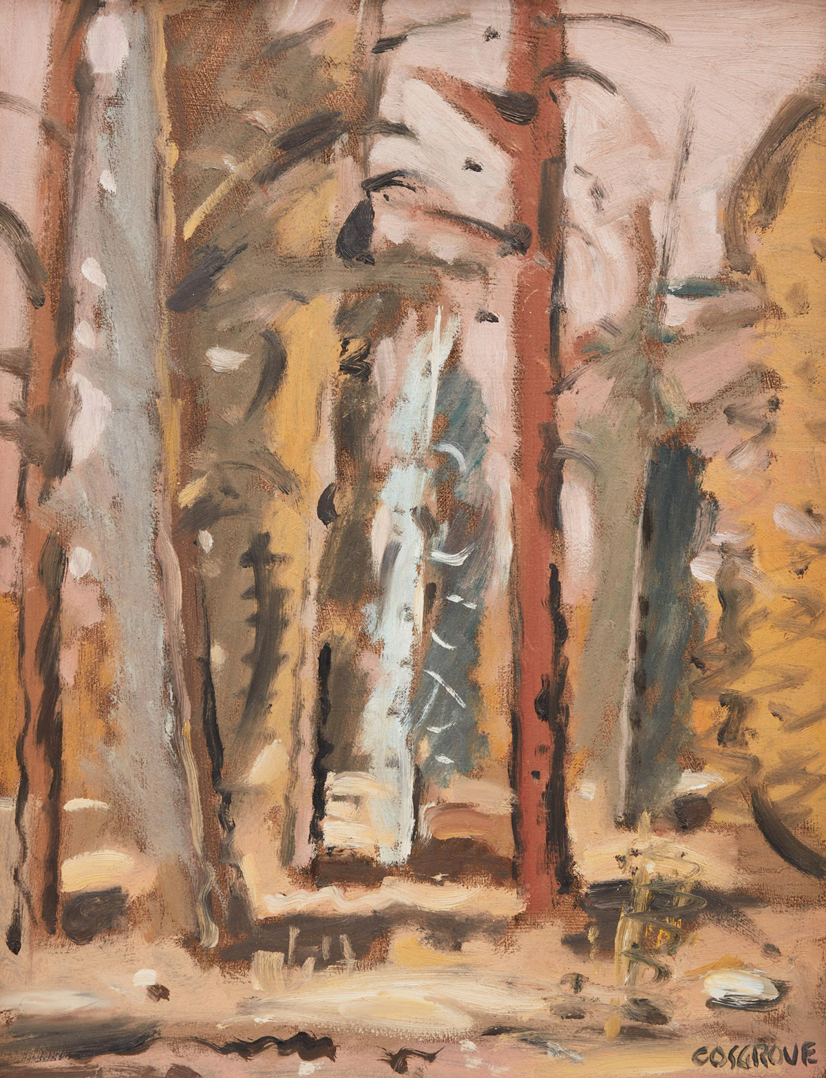 Stanley Morel Cosgrove, L’étude des arbres, La Tuque, oil on board, 1972