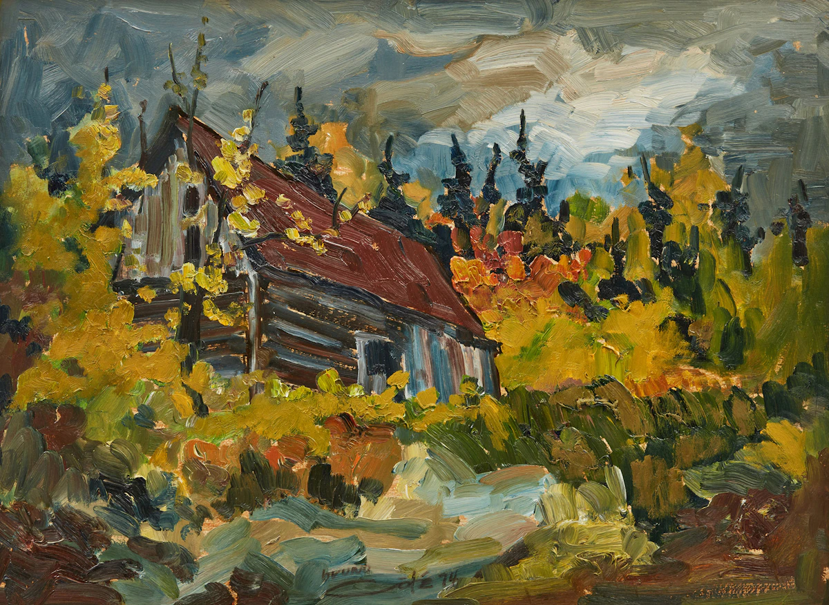 Bruno Côté, Cabane en automne, oil on board