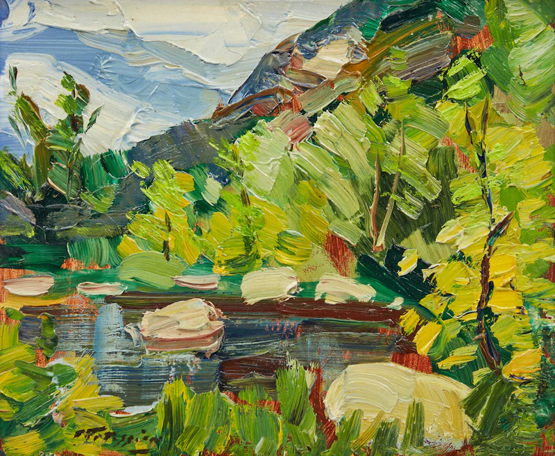 Armand Tatossian, Willard, Ont.; Shoreline Landscape; Shoreline Village , three oils on board - view 4