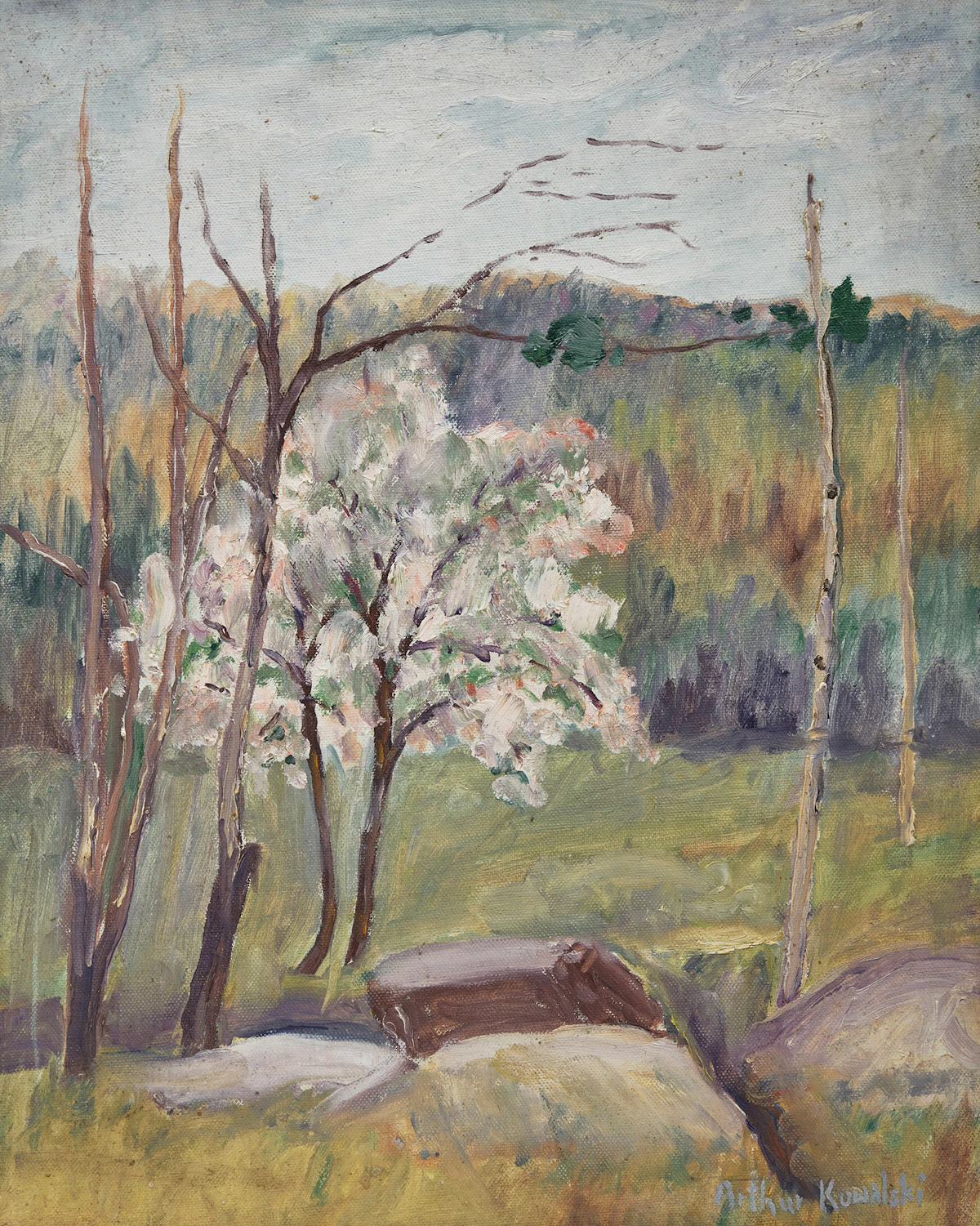 Arthur Kowalski, Landscape with Cherry Blossoms, oil on canvas board