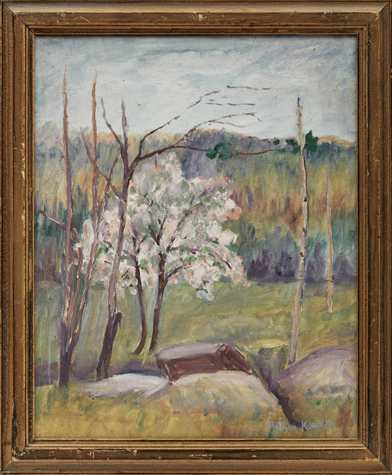 Arthur Kowalski, Landscape with Cherry Blossoms, oil on canvas board - view 2