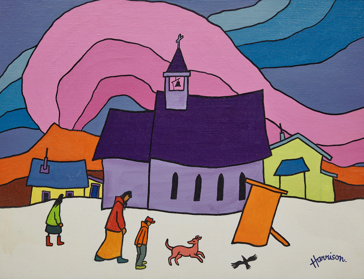 Ted Harrison, Strolling in Carcross, acrylic on canvas board, 1981