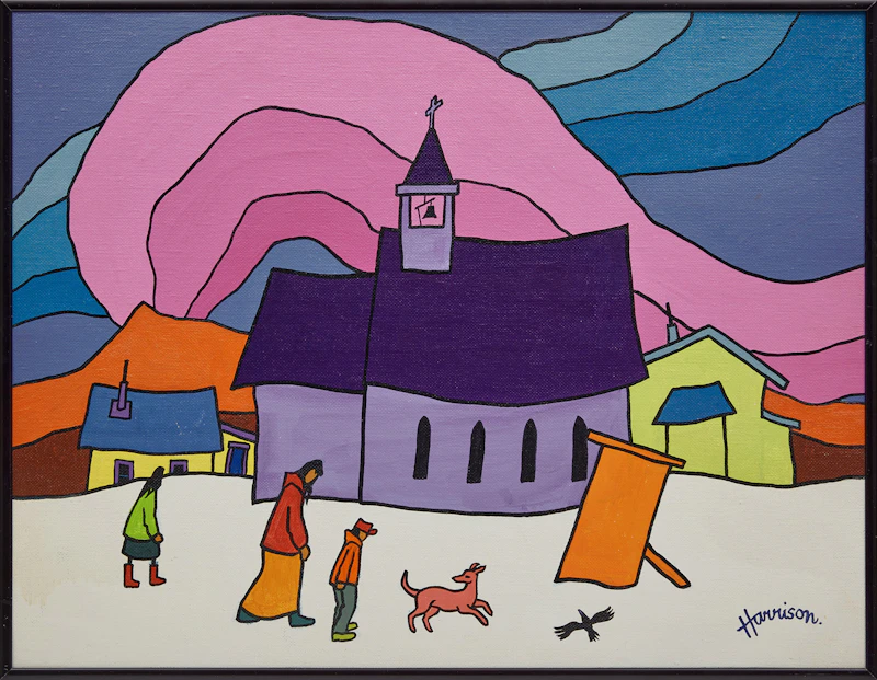 Ted Harrison, Strolling in Carcross, acrylic on canvas board, 1981 - view 2