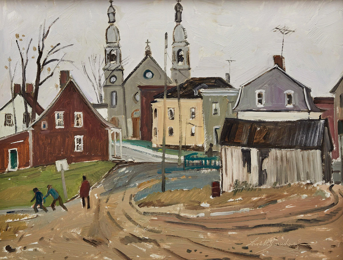 George Lorne Holland Bouchard, Village Scene, Comté Yamaska, P.Q., oil on board, 1976