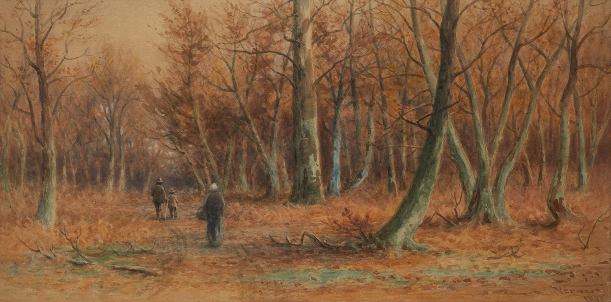 Frederick Arthur Verner, Figures in an Autumn Woodland, watercolour, 1895