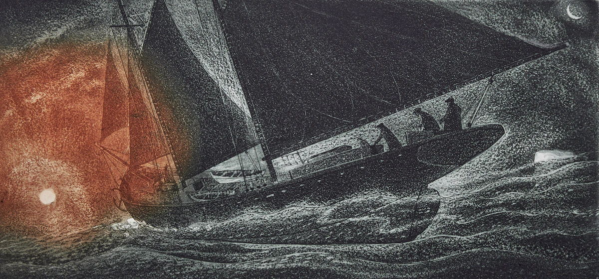 David Lloyd Blackwood, The Flora Nickerson Outward Bound for the Labrador, etching and aquatint with watercolour, 2005