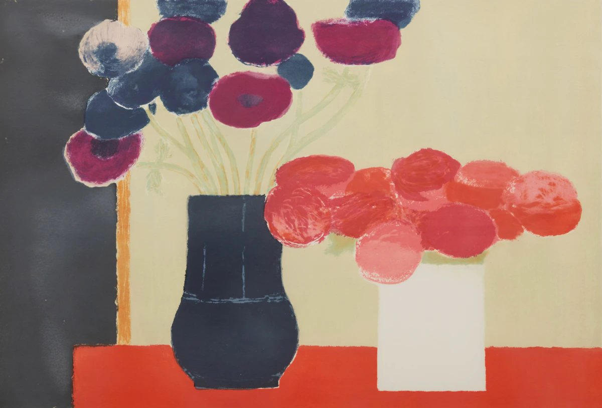 Bernard Cathelin, Deux bouquets sur nappe rouge; La jardinière de Moustiers, two colour lithographs